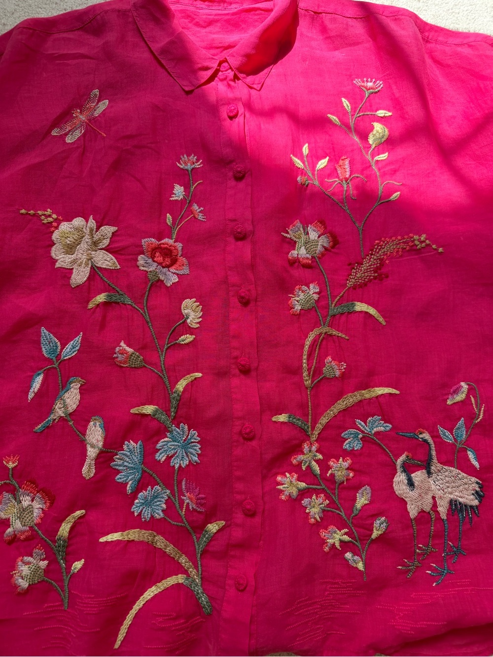 JOHNNY WAS Geniveve Relaxed Dolman Shirt Embroidered Floral Birds - Picture 5 of 13